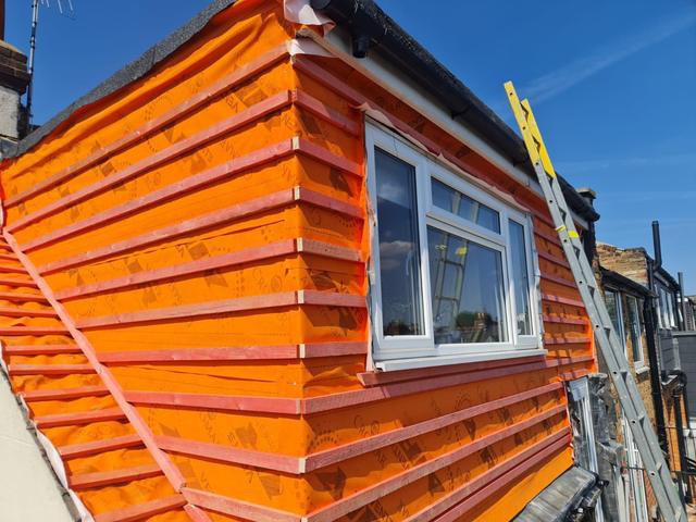 Dormer membraned and battened, ready for slating